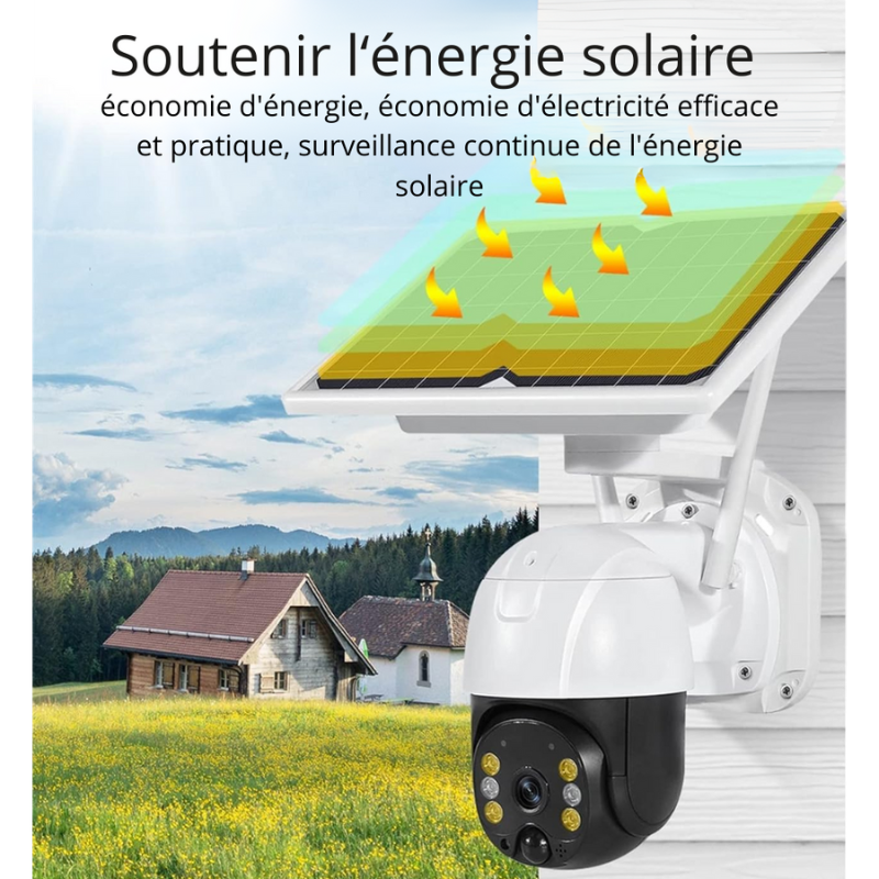 Caméra Surveillance Extérieur 2K Solaire WiFi - Panneau Solaire Intégré, 360° PTZ, Vision Nocturne Couleur, Détection IA, IP65, Compatible Alexa