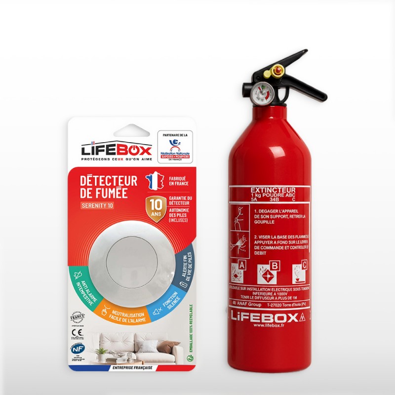 Pack protection incendie avec un détecteur de fumée autonomie de 10 ans et un extincteur à poudre 1 kg